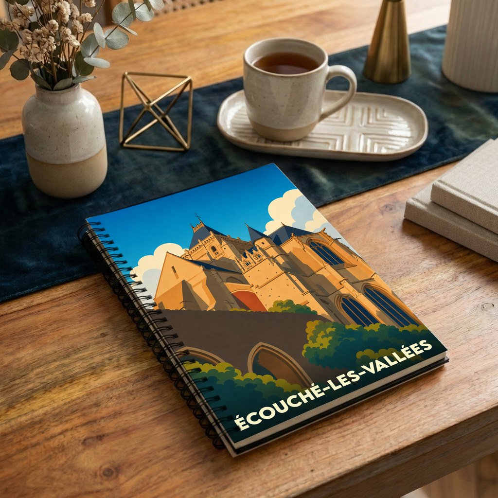Carnet souvenir de la ville de Écouché-les-Vallées avec une illustration stylisée de son église et de ses paysages.