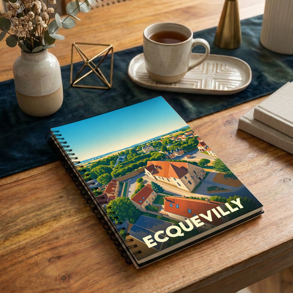 Carnet à spirales souvenir de la ville d'Ecquevilly avec une illustration stylisée.