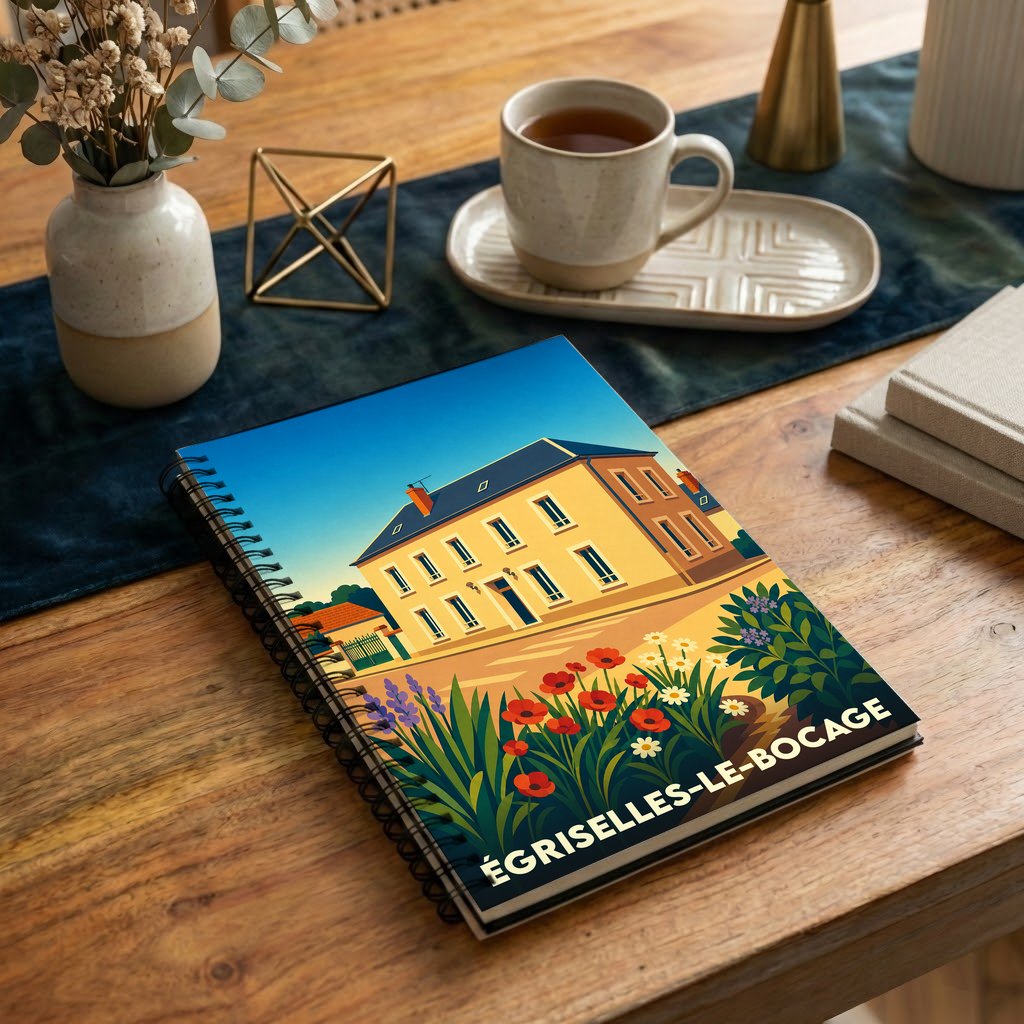 Carnet souvenir de la ville de Égriselles-le-Bocage avec une illustration stylisée et colorée.