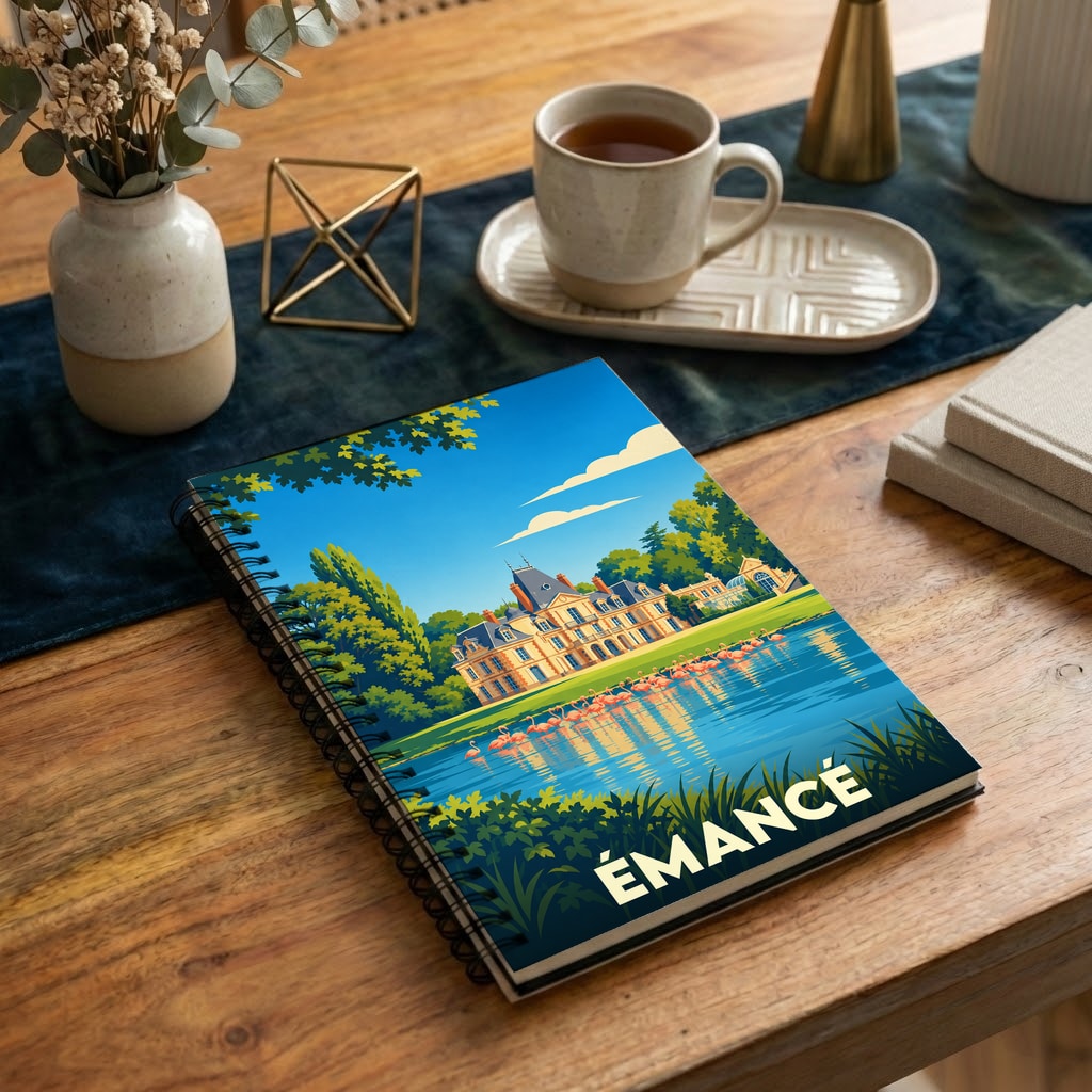 Carnet souvenir de la ville de Émancé avec une illustration stylisée d'un château et de flamants roses.