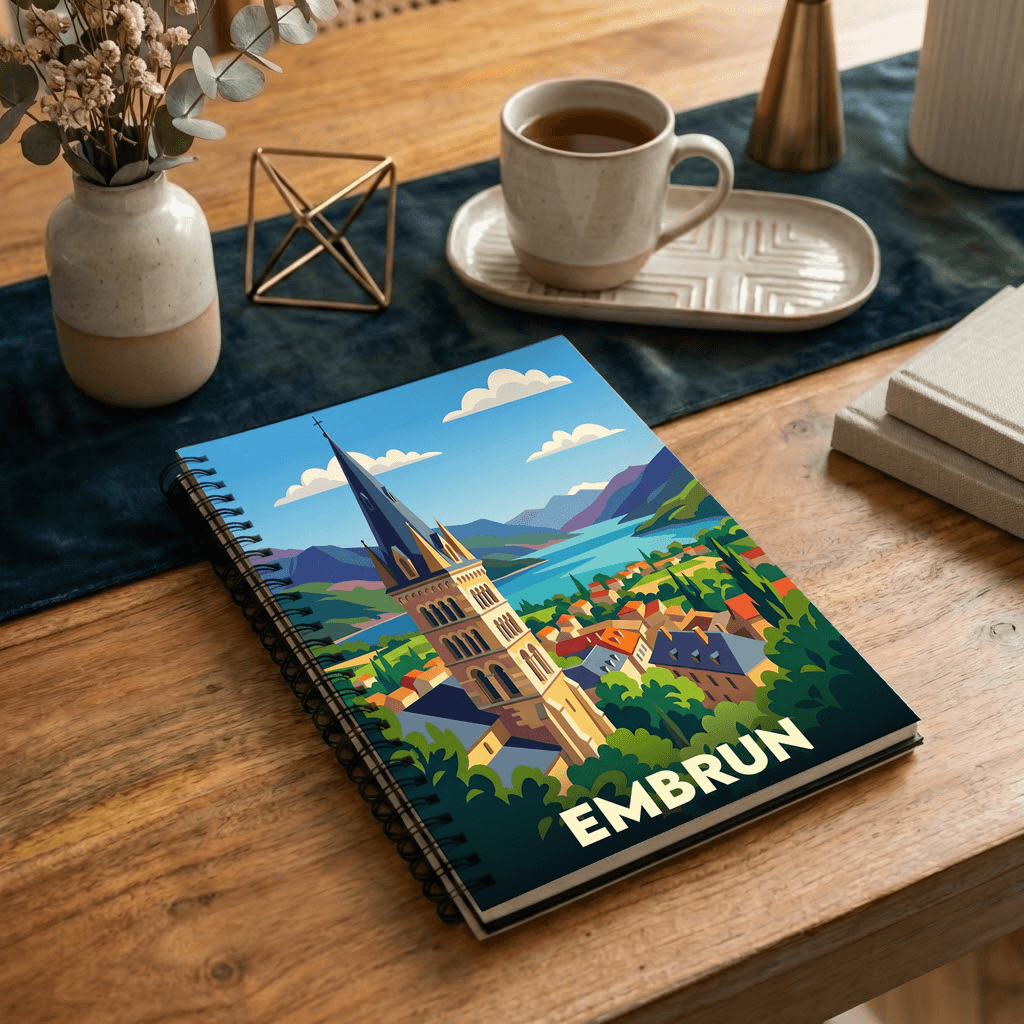 Carnet souvenir de la ville d'Embrun avec une illustration stylisée.