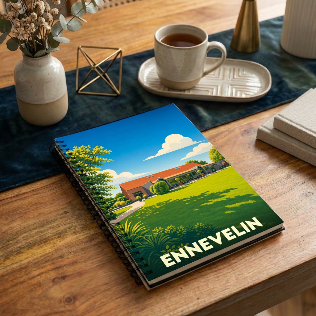Carnet souvenir de la ville d'Ennevelin avec une illustration stylisée et colorée de son paysage.