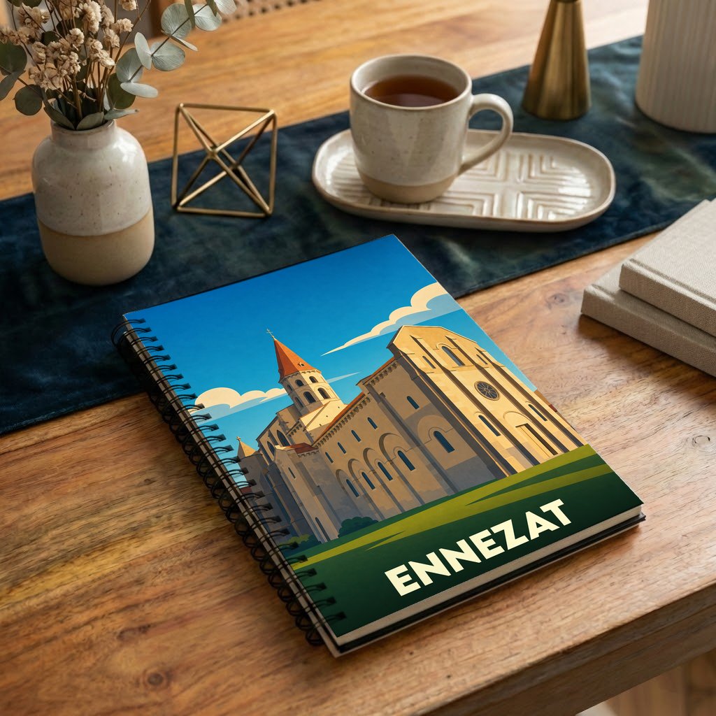 Carnet à spirales souvenir de la ville d'Ennezat avec une illustration stylisée de son église romane.