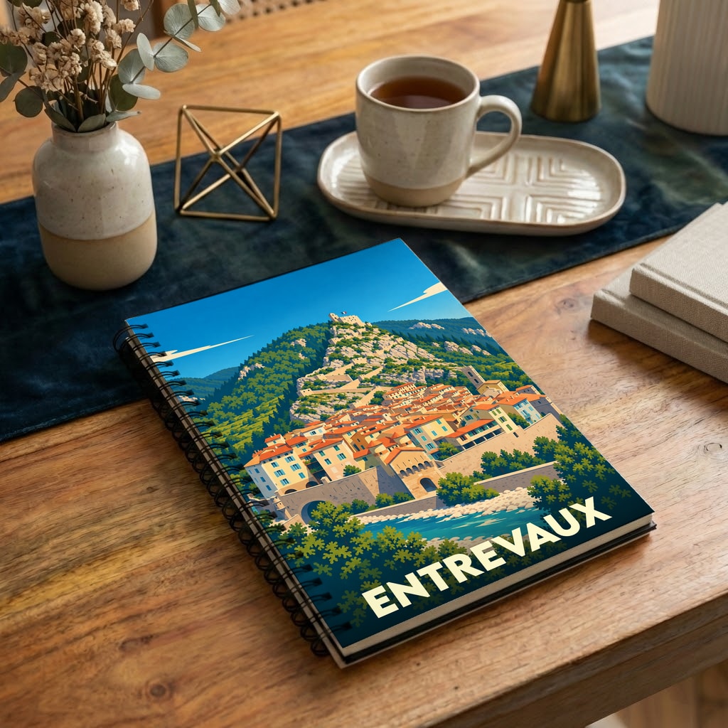 Carnet souvenir de la ville d'Entrevaux illustré d'une vue stylisée et colorée de la cité médiévale.