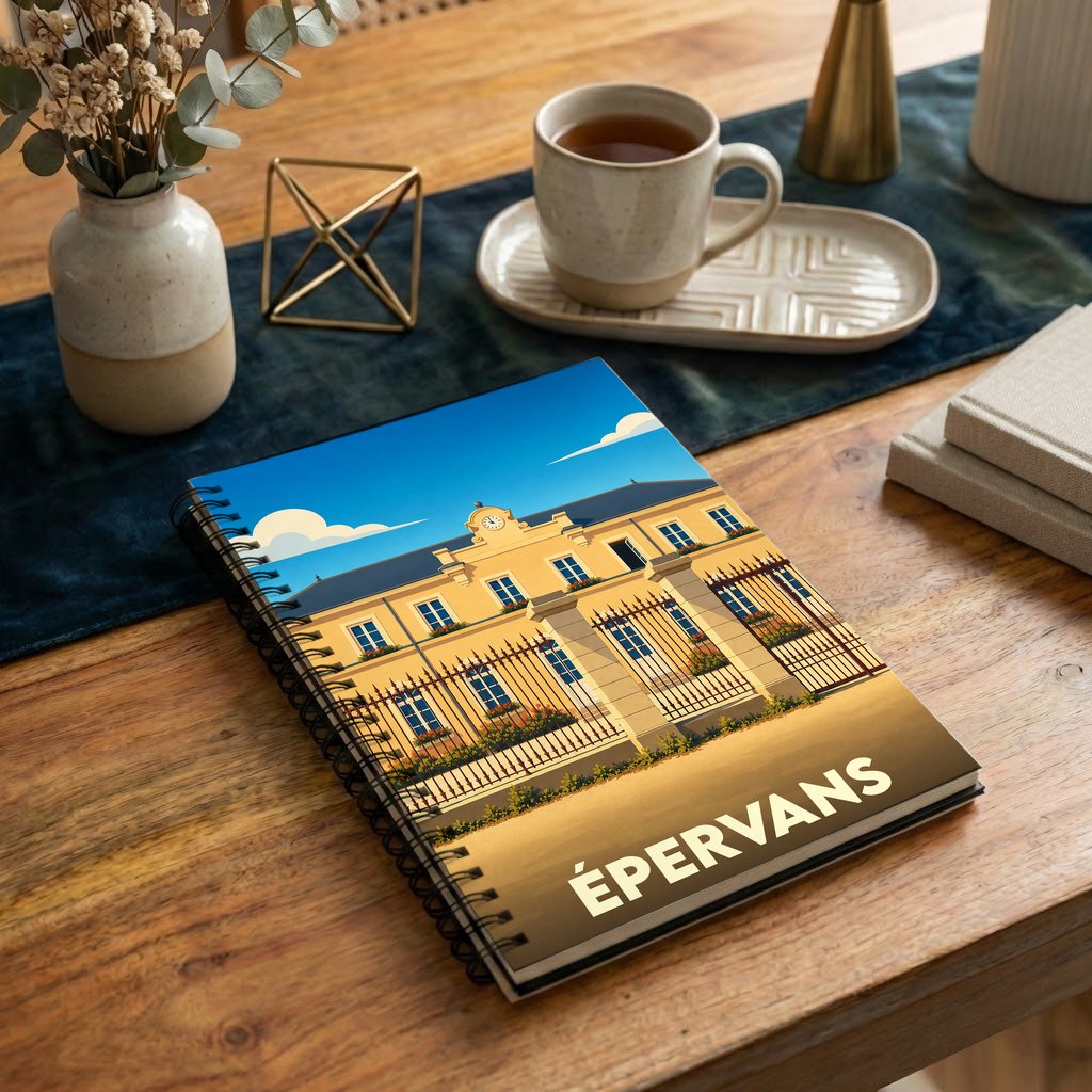 Carnet à spirales souvenir de la ville de Épervans avec une illustration stylisée d'un bâtiment historique.
