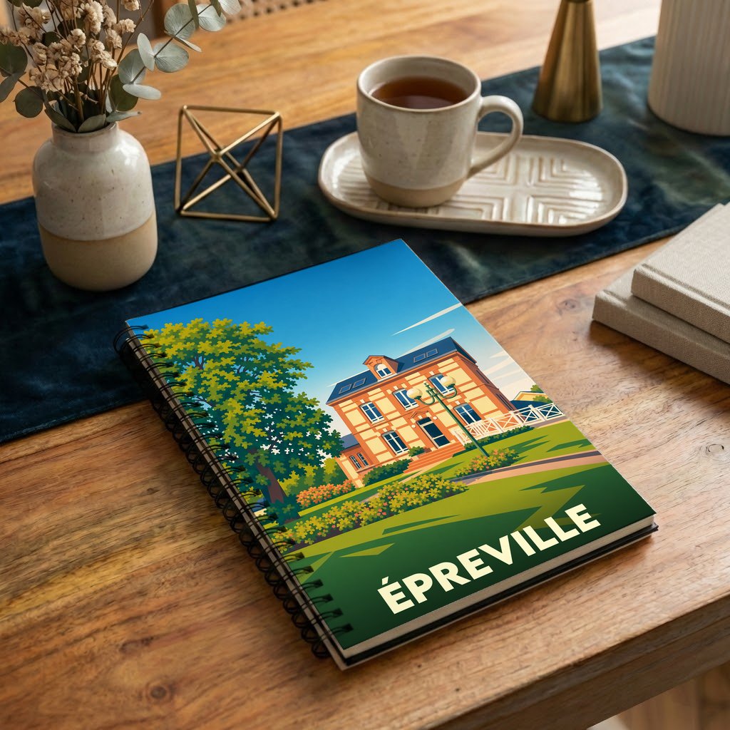 Carnet à spirales souvenir de la ville d'Épreville avec une illustration stylisée d'une maison de maître.