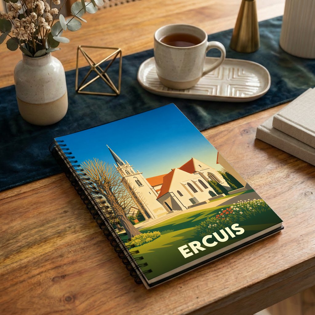 Carnet souvenir de la ville d'Ercuis illustré d'un dessin stylisé de son église.