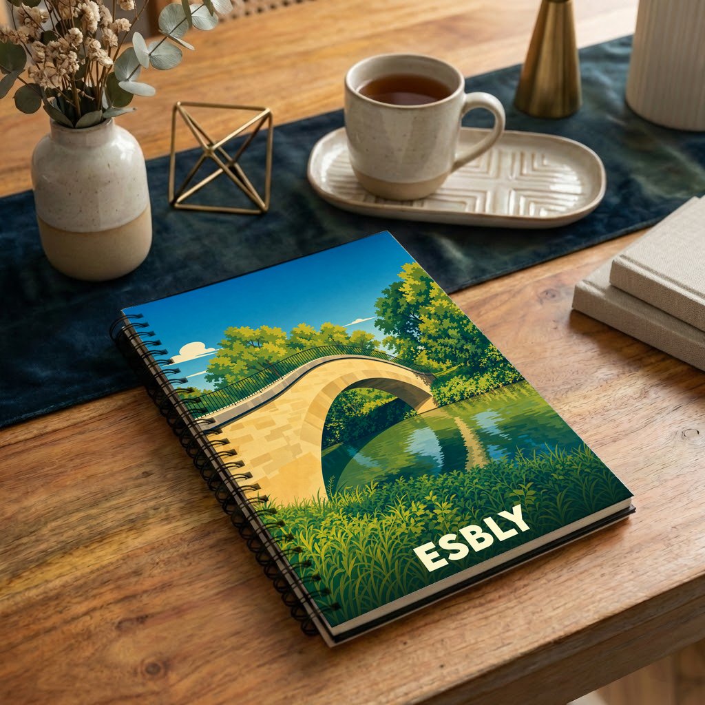 Carnet à spirales souvenir de la ville d'Esbly avec une illustration stylisée d'un pont en pierre.