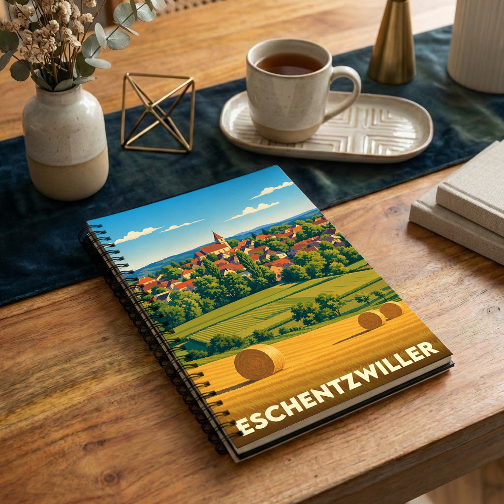 Carnet de notes souvenir de la ville d'Eschentzwiller avec une illustration stylisée de paysages alsaciens.