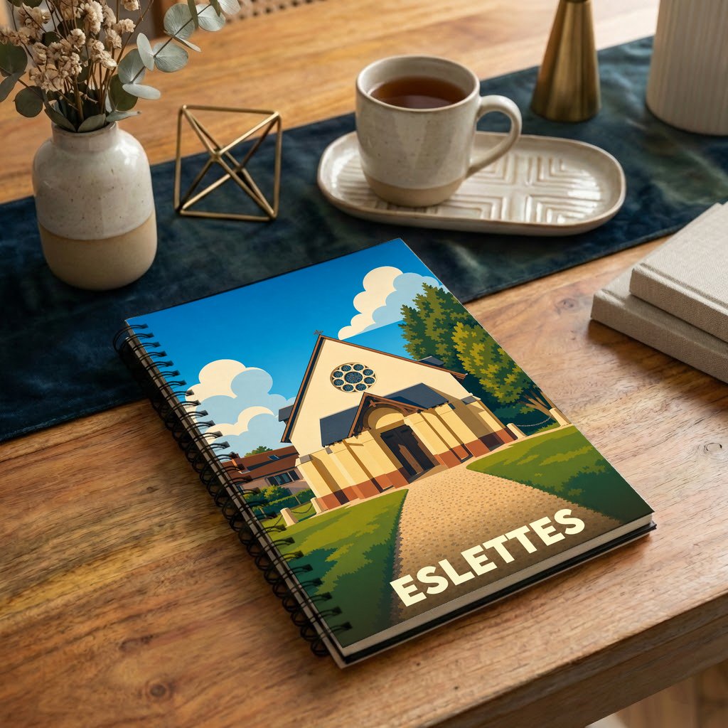 Carnet à spirales souvenir de la ville d'Eslettes avec une illustration stylisée de son église.