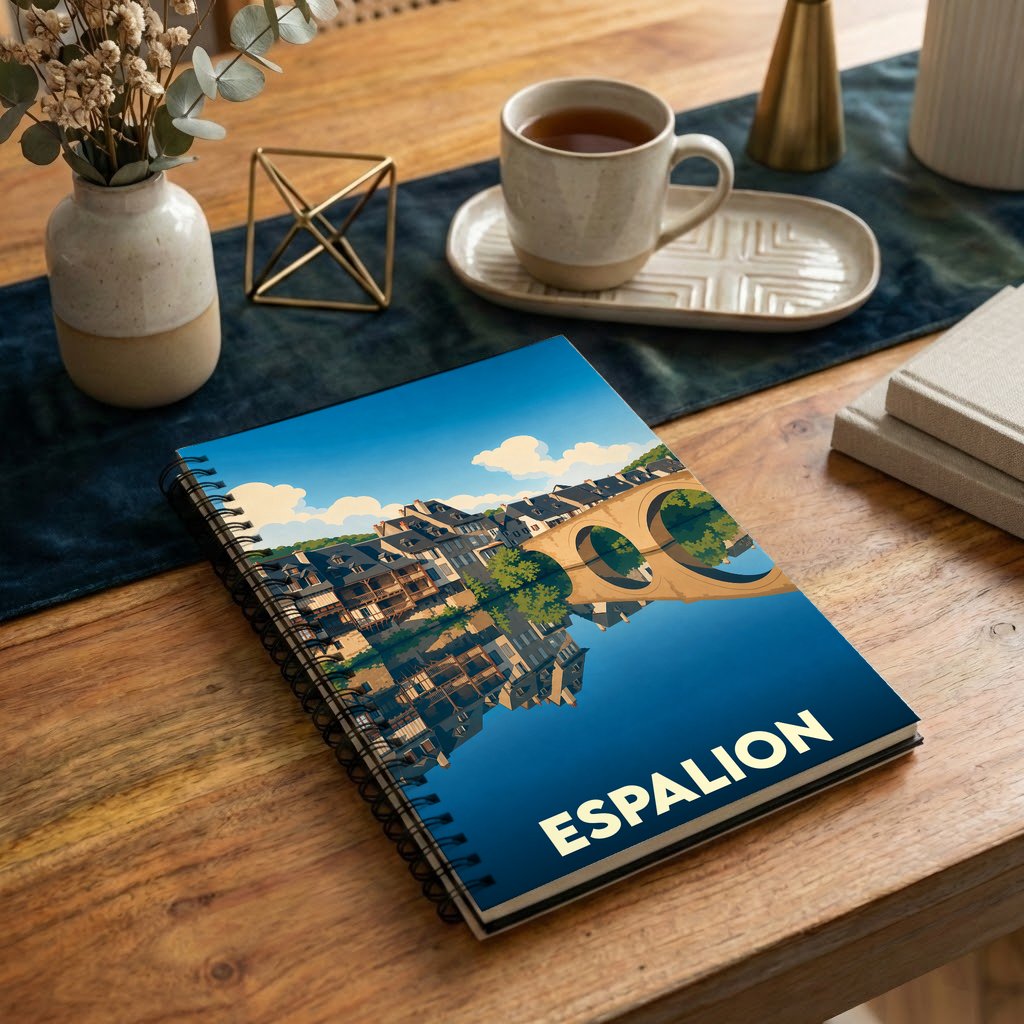 Carnet de notes à spirales souvenir de la ville d'Espalion avec une illustration stylisée de son pont et de ses reflets.