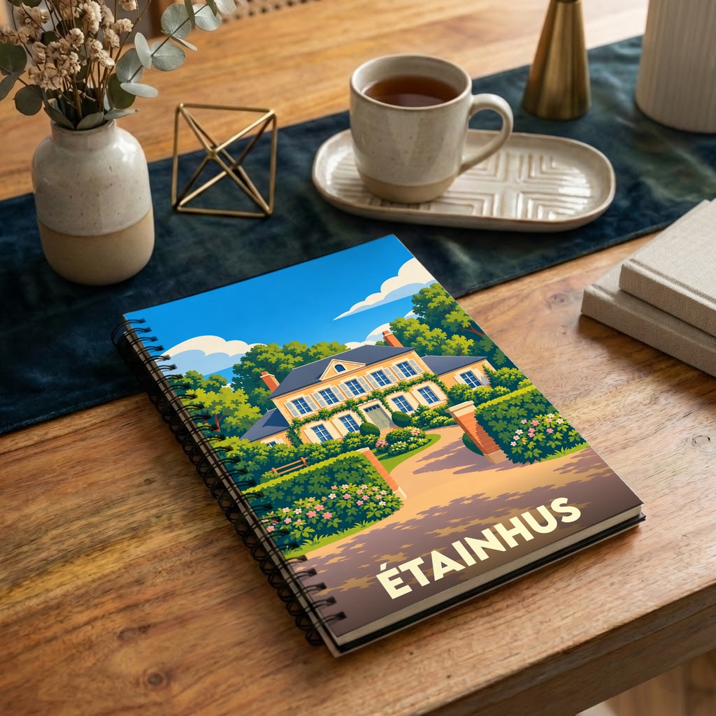 Carnet souvenir de la ville d'Étainhus avec une illustration stylisée d'une maison de maître et ses jardins.
