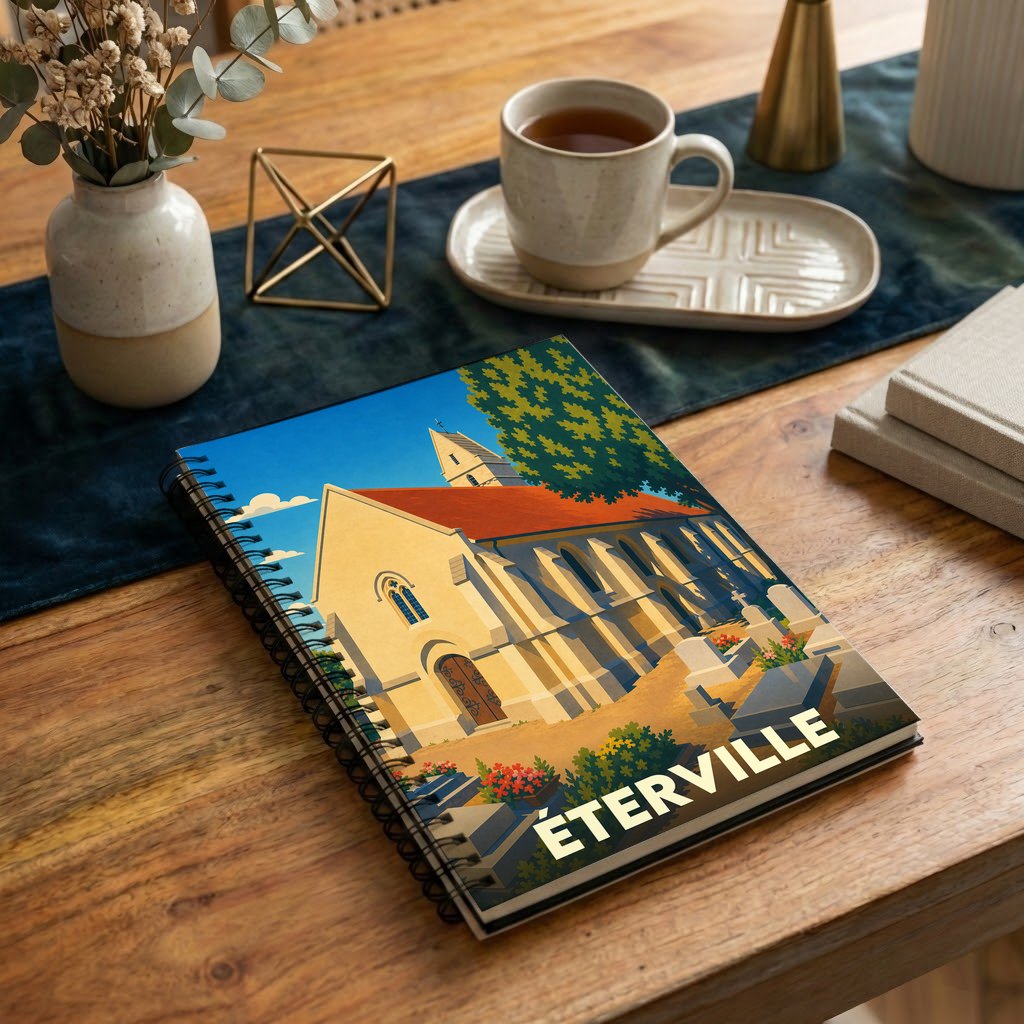 Carnet de notes souvenir de la ville d'Éterville avec une illustration stylisée de son église.