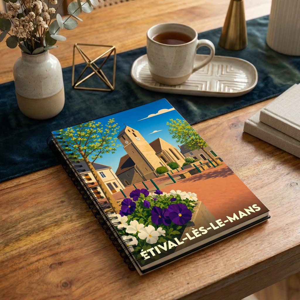 Carnet de notes souvenir de la ville d'Étival-lès-le-Mans orné d'une illustration stylisée de son église et de fleurs colorées.