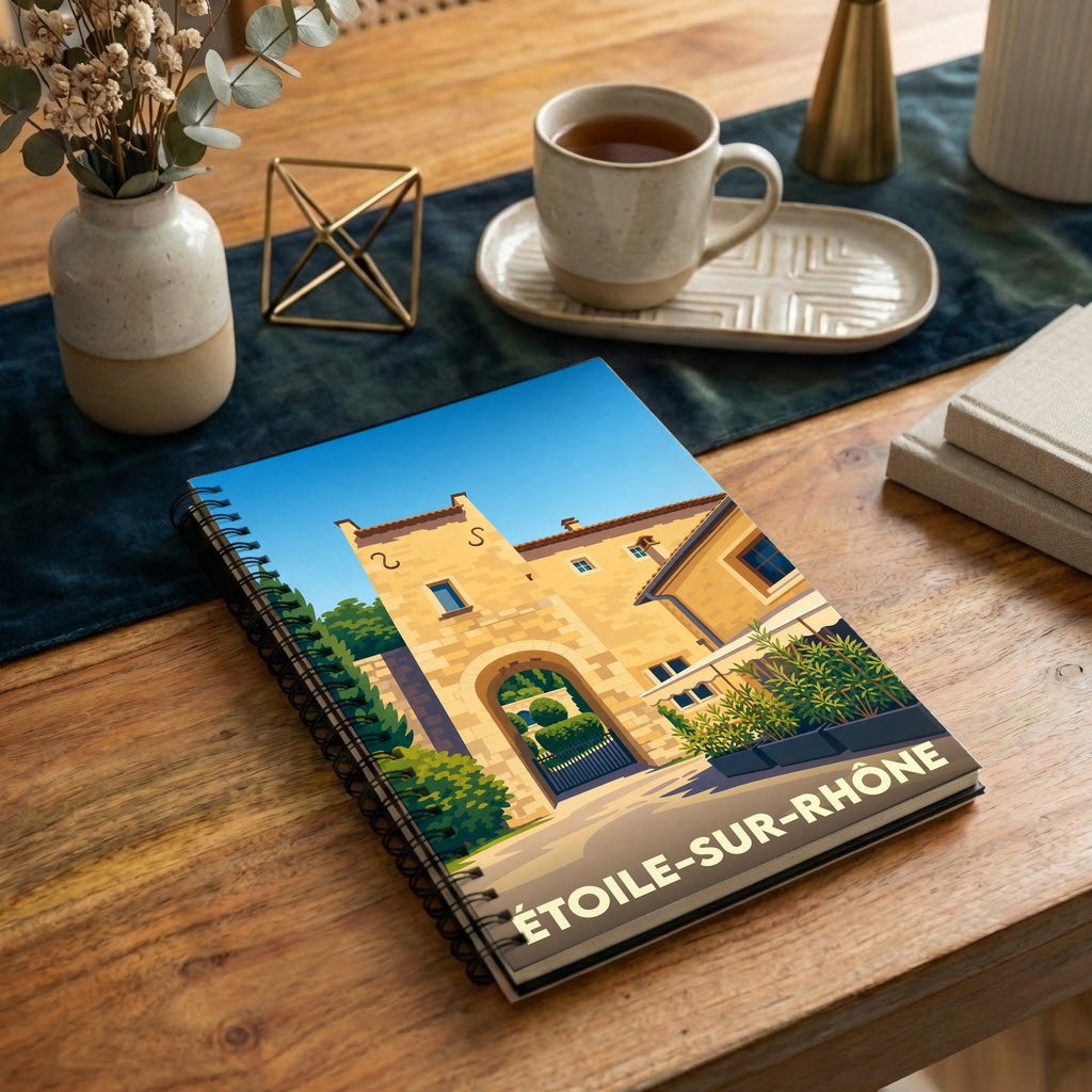 Carnet souvenir de la ville de Étoile-sur-Rhône avec une illustration stylisée d'un bâtiment historique.