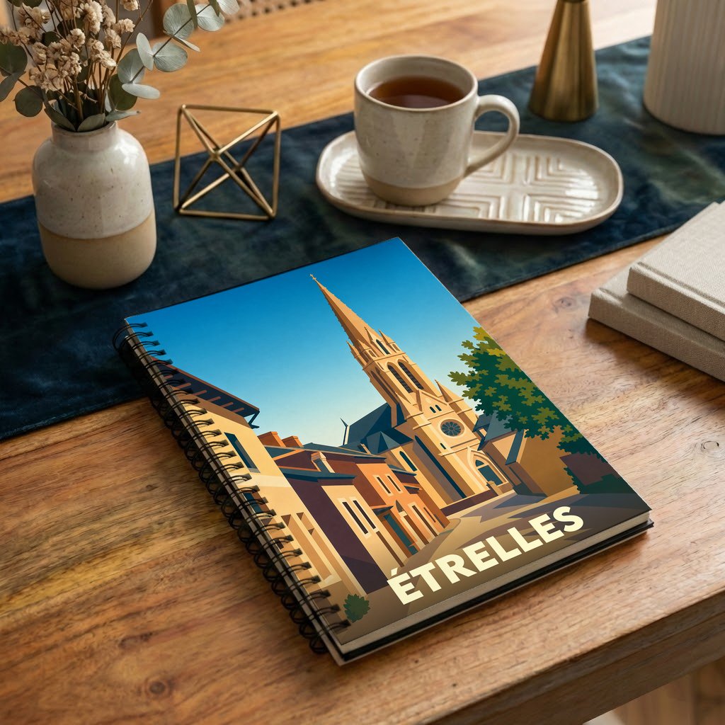 Carnet souvenir de la ville d'Étrelles avec une illustration stylisée de son église et de ses rues.