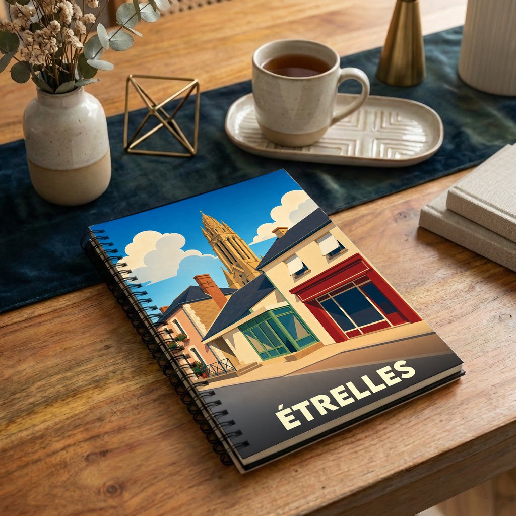 Carnet souvenir de la ville d'Étrelles avec une illustration stylisée de ses rues et de son église.