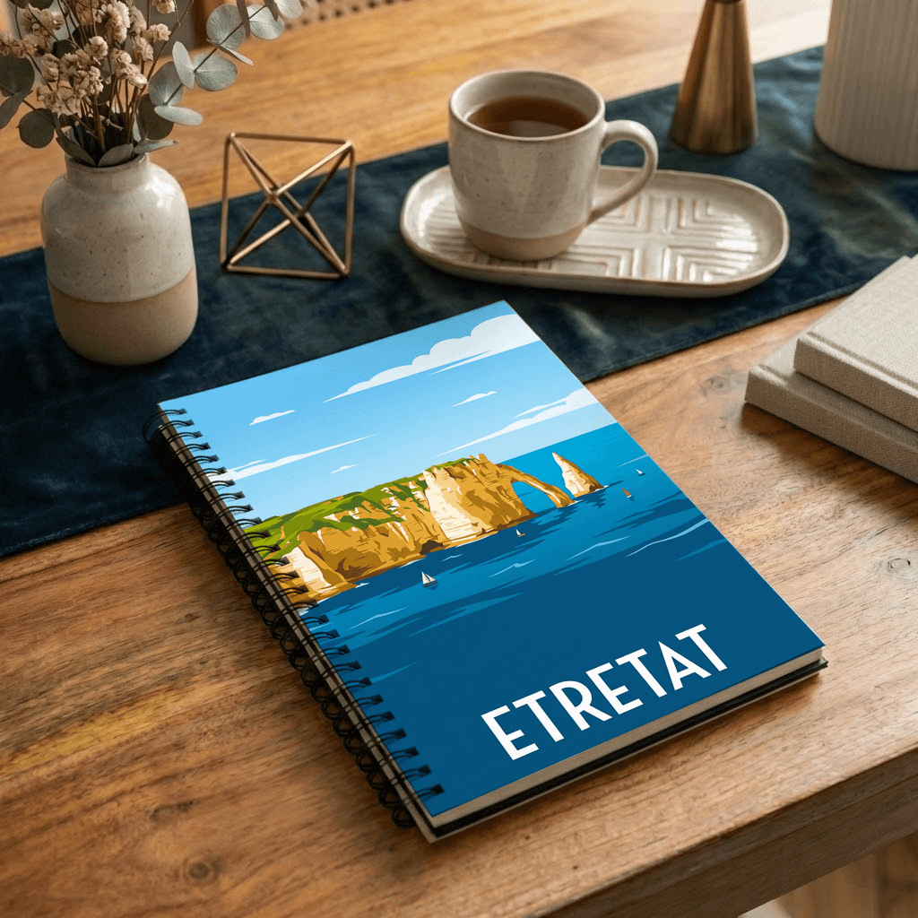 Carnet souvenir de la ville d'Étretat avec une illustration stylisée de ses célèbres falaises.