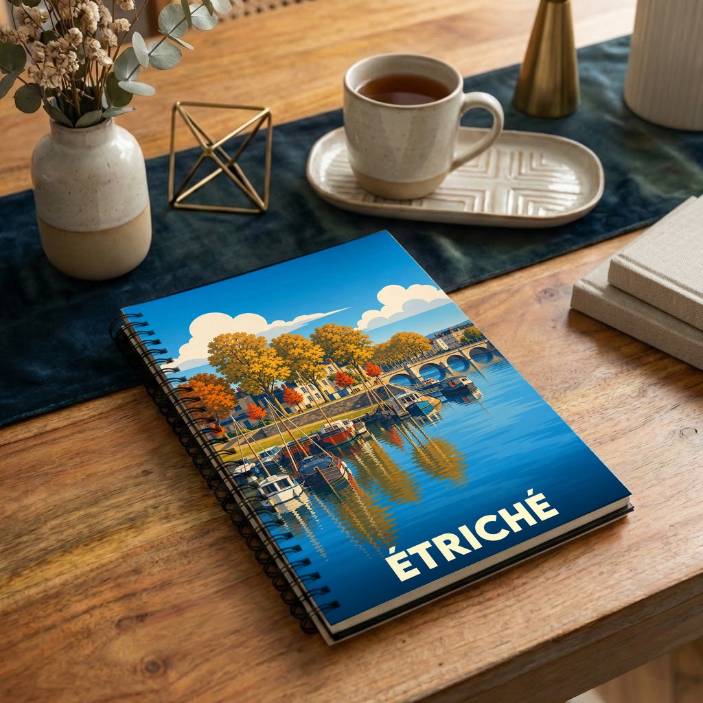 Carnet à spirales souvenir de la ville d'Étriché orné d'une illustration stylisée de son port fluvial.
