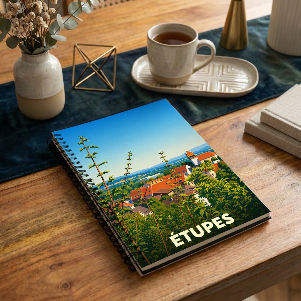 Carnet à spirales souvenir de la ville de Étupes avec une illustration stylisée de son paysage urbain.
