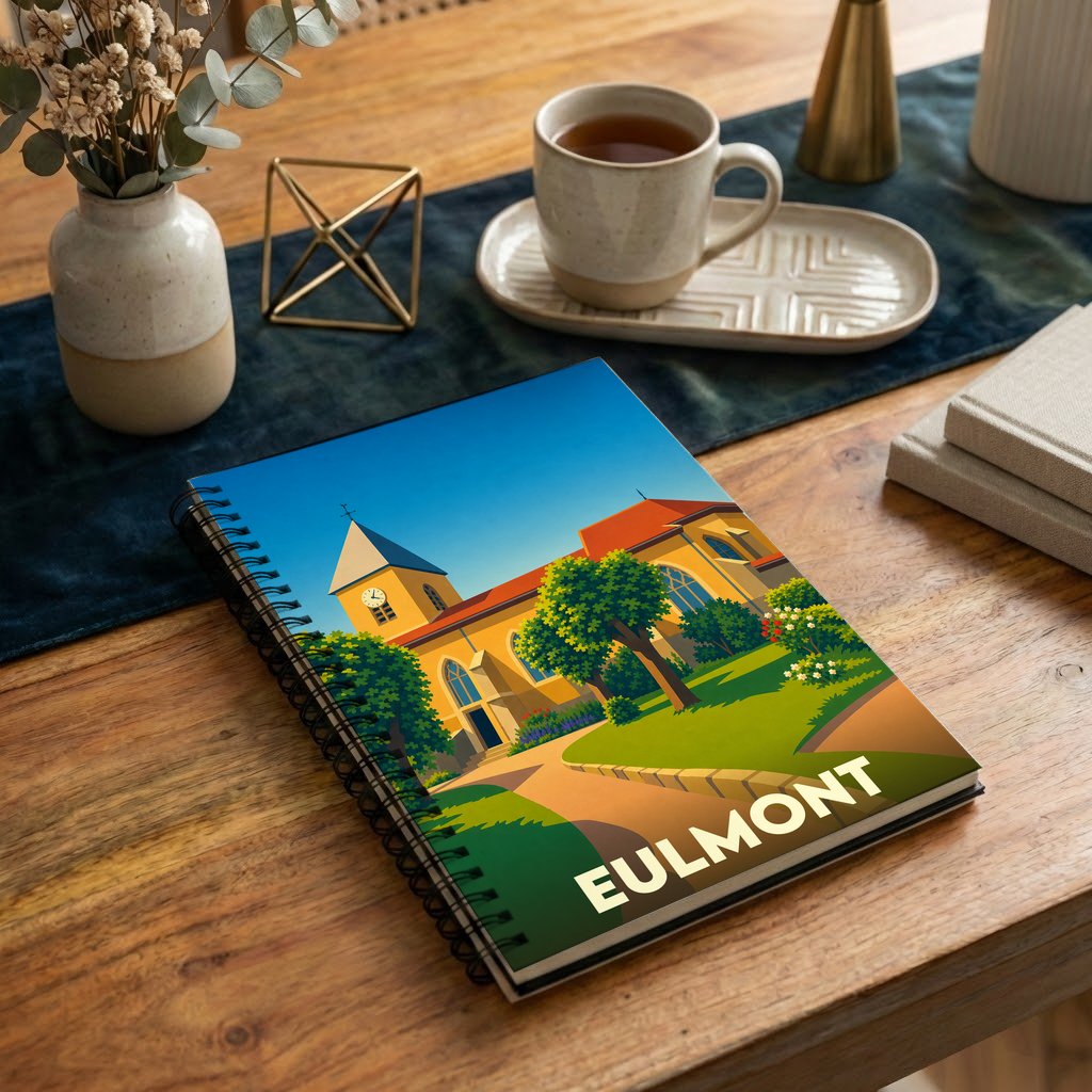 Carnet à spirale souvenir de la ville de Eulmont avec une illustration stylisée et colorée.
