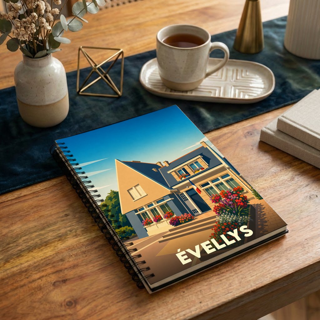 Carnet à spirales souvenir de la ville d'Évellys avec une illustration stylisée d'une maison fleurie.