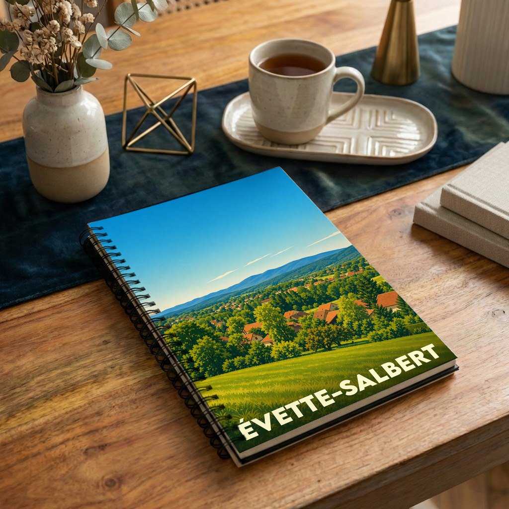 Carnet à spirales souvenir d'Évette-Salbert illustré d'un paysage de campagne verdoyant et vallonné.