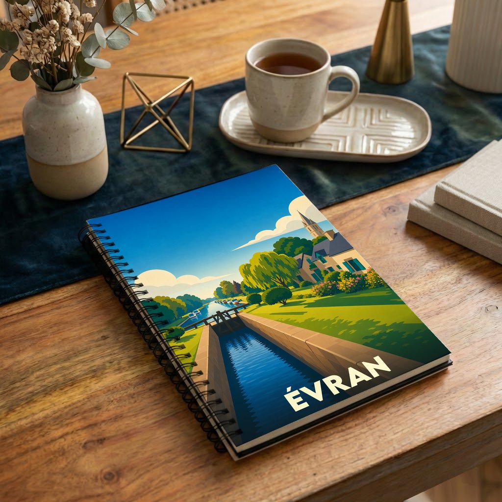 Carnet à spirales souvenir de la ville d'Évran avec une illustration stylisée de son canal.