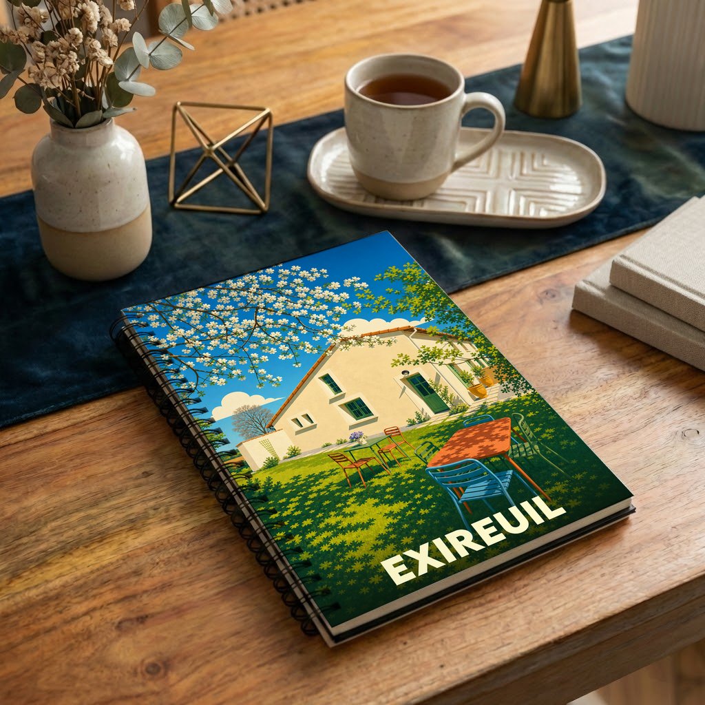 Carnet souvenir de la ville d'Exireuil avec une illustration stylisée d'une maison de campagne ensoleillée.