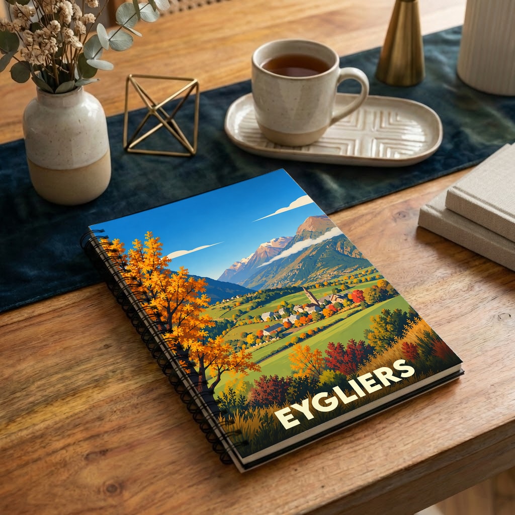Carnet souvenir de la ville d'Eygliers illustré d'un paysage de montagne coloré en automne.
