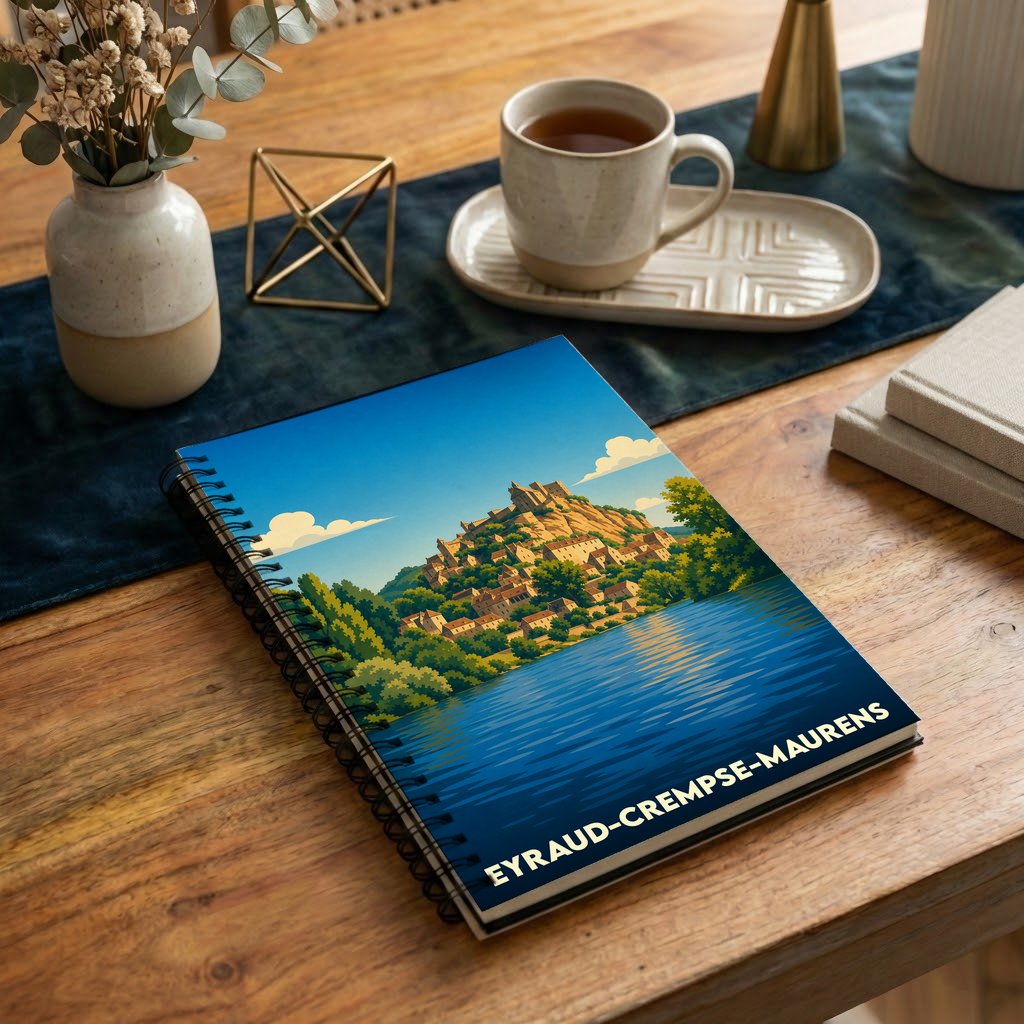 Carnet à spirales souvenir de la ville de Eyraud-Crempse-Maurens avec une illustration stylisée de son paysage.