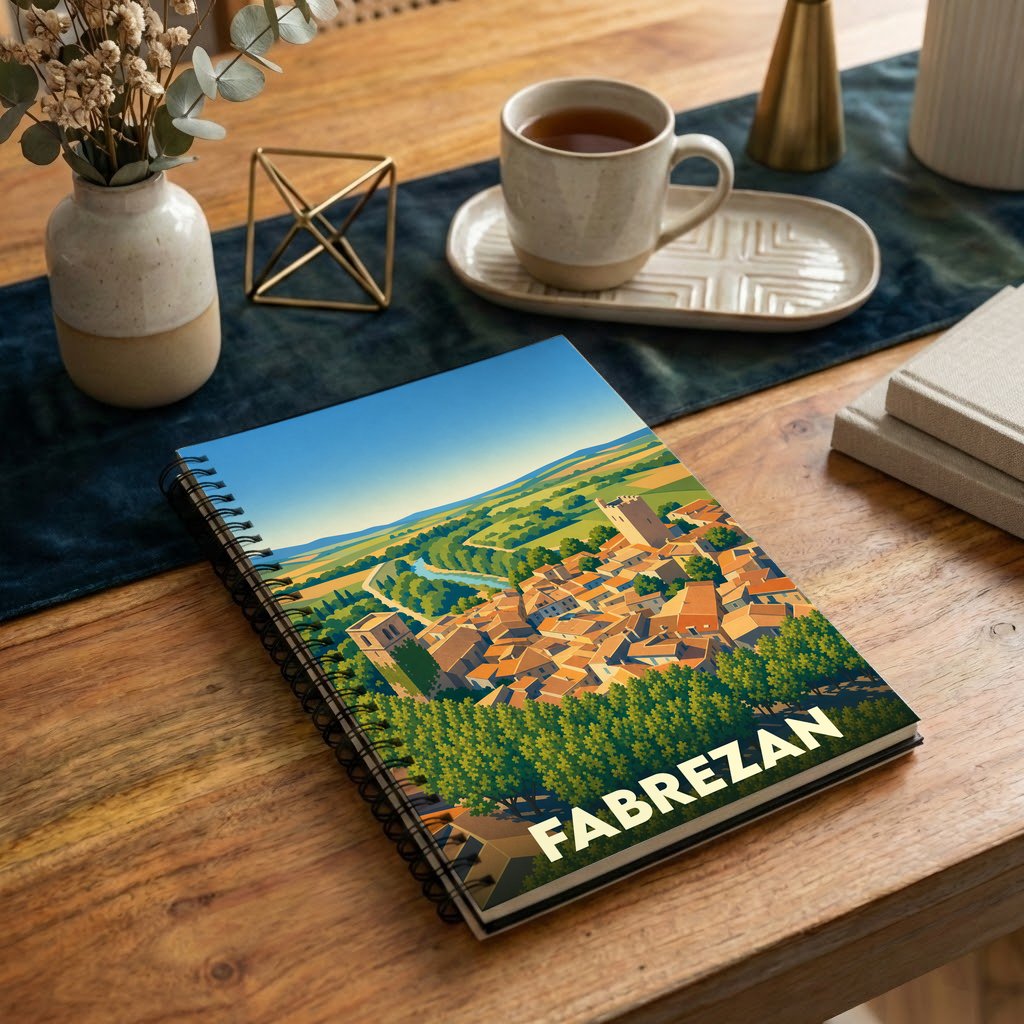Carnet souvenir de la ville de Fabrezan orné d'une illustration stylisée du village et de ses paysages environnants.