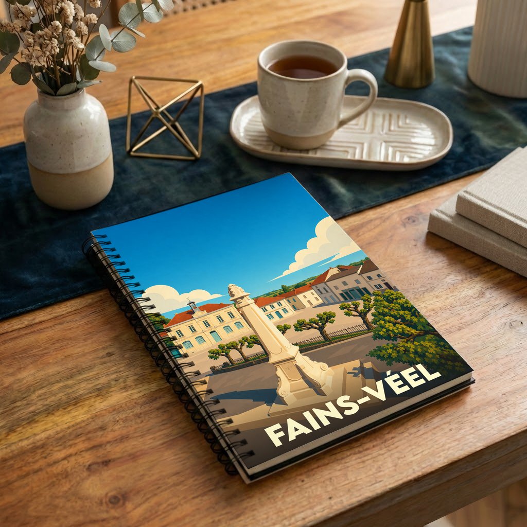Carnet souvenir de la ville de Fains-Véel avec une illustration stylisée.