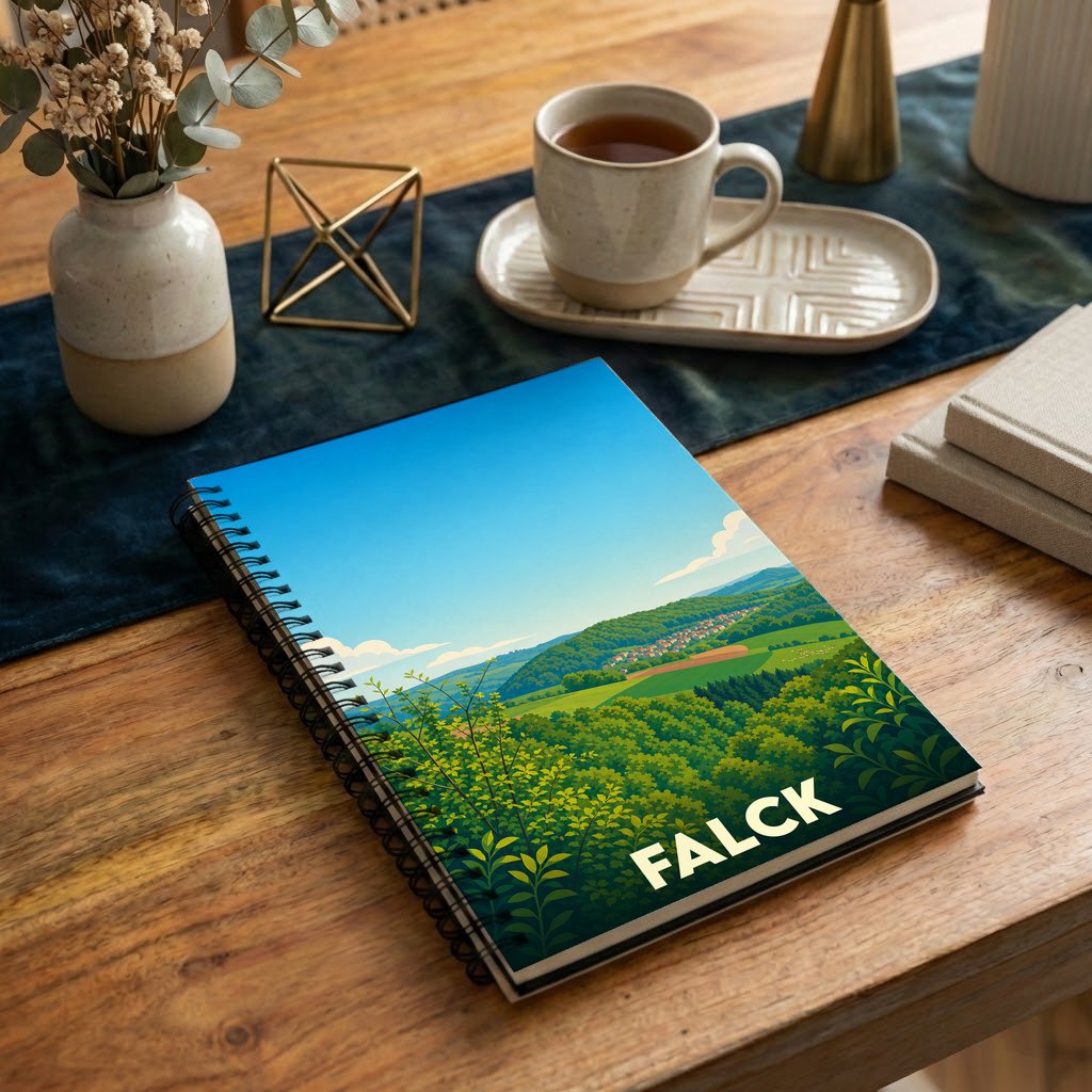 Carnet souvenir de la ville de Falck avec une illustration de paysage vallonné.
