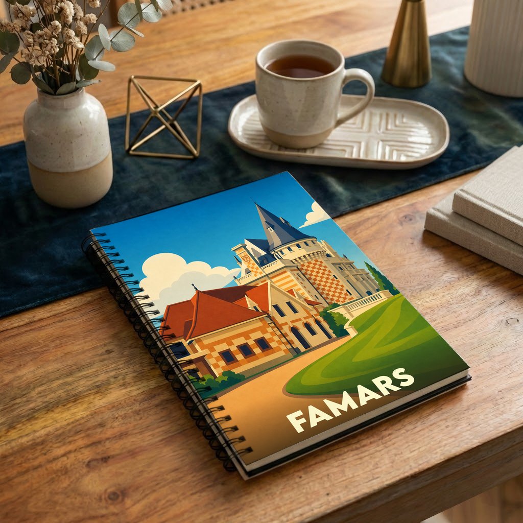 Carnet souvenir de la ville de Famars avec une illustration stylisée de son château.