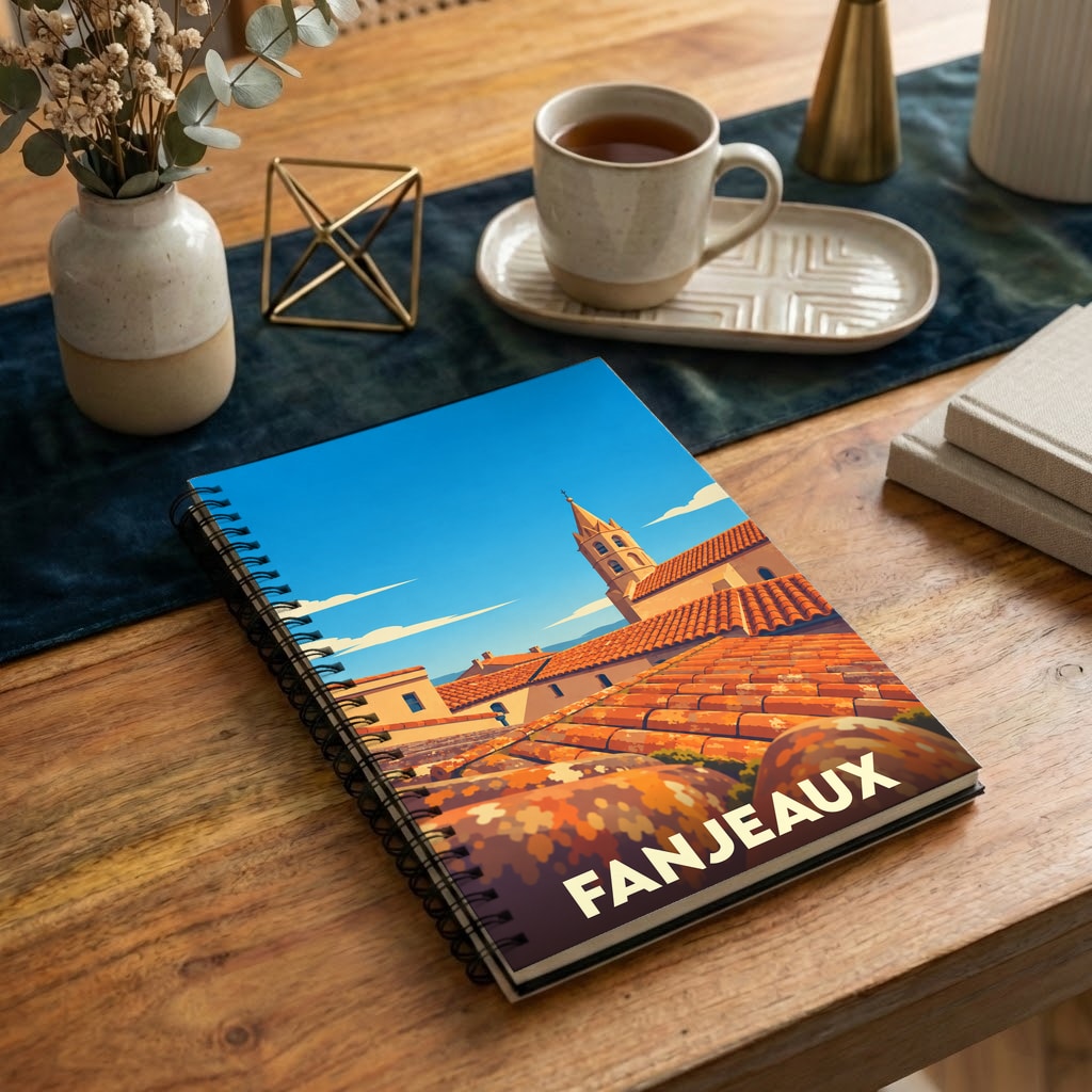 Carnet à spirales souvenir de la ville de Fanjeaux illustré par une vue stylisée de ses toits et de son clocher.