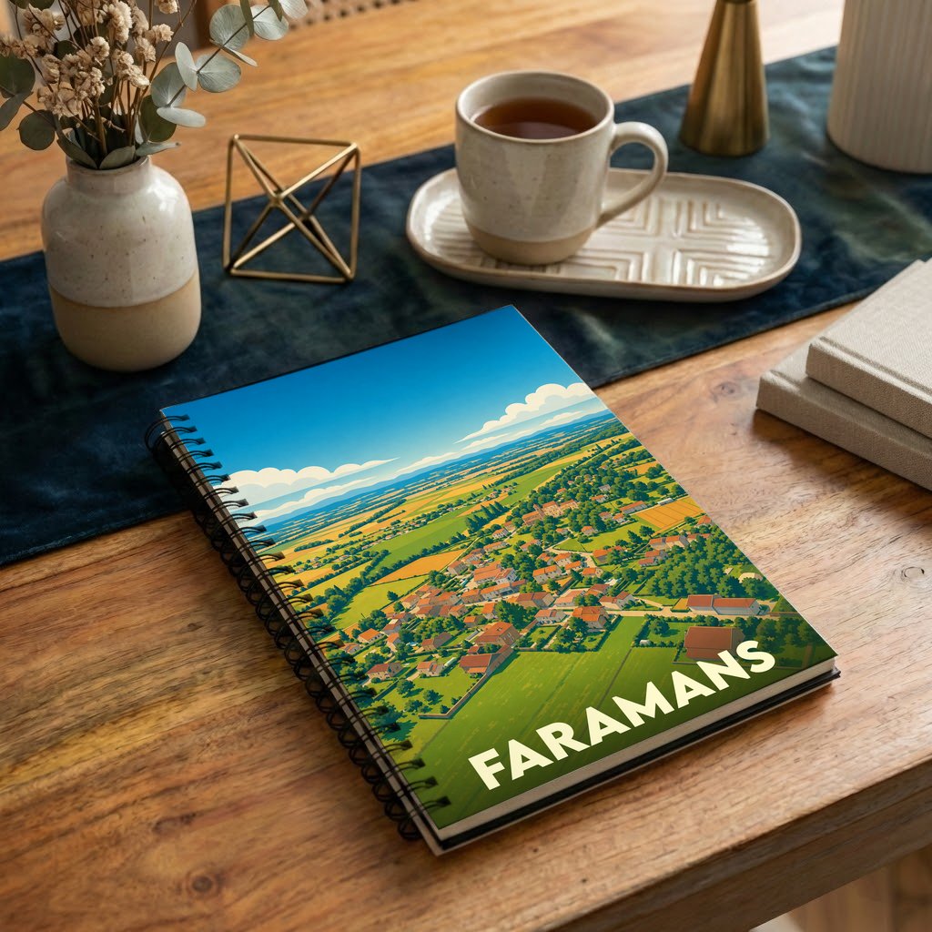 Carnet de notes à spirales souvenir de la ville de Faramans avec une illustration paysagère stylisée.