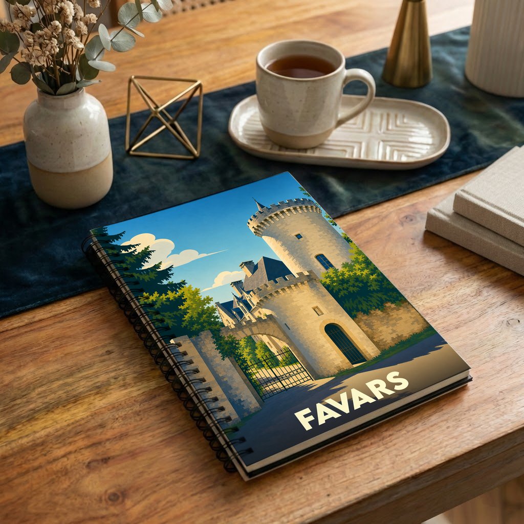 Carnet à spirales souvenir de la ville de Favars avec une illustration stylisée d'un château médiéval.