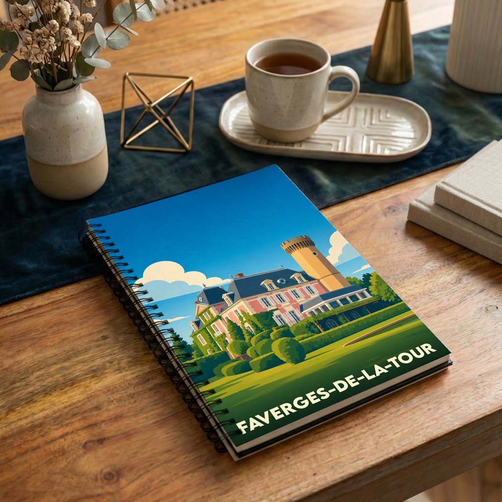 Carnet souvenir de la ville de Faverges-de-la-Tour avec une illustration stylisée de son château.