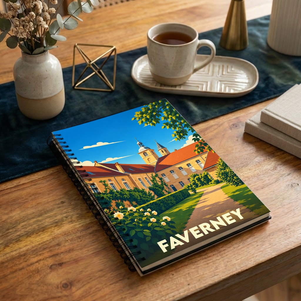 Carnet souvenir de la ville de Faverney avec une illustration stylisée.