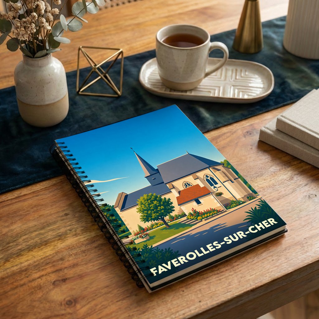 Carnet souvenir de la ville de Faverolles-sur-Cher avec une illustration stylisée de son église.