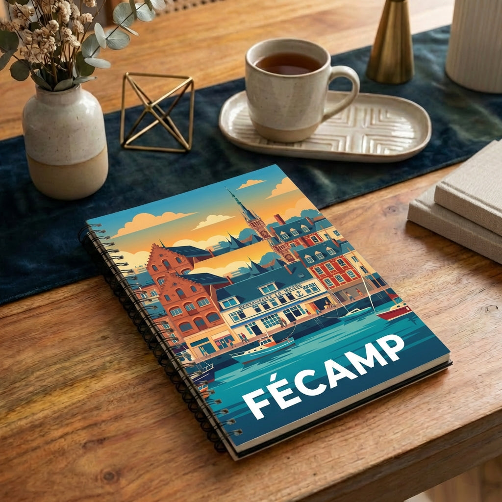 Carnet souvenir de la ville de Fécamp avec une illustration stylisée de son port.