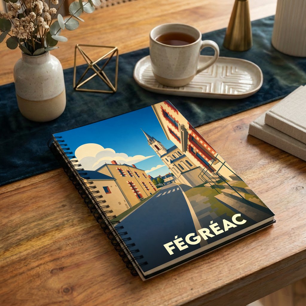 Carnet à spirales souvenir de la ville de Fégréac avec une illustration stylisée.