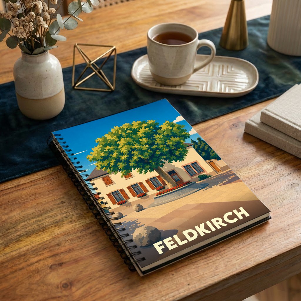 Carnet souvenir de la ville de Feldkirch avec une illustration stylisée d'une place arborée.