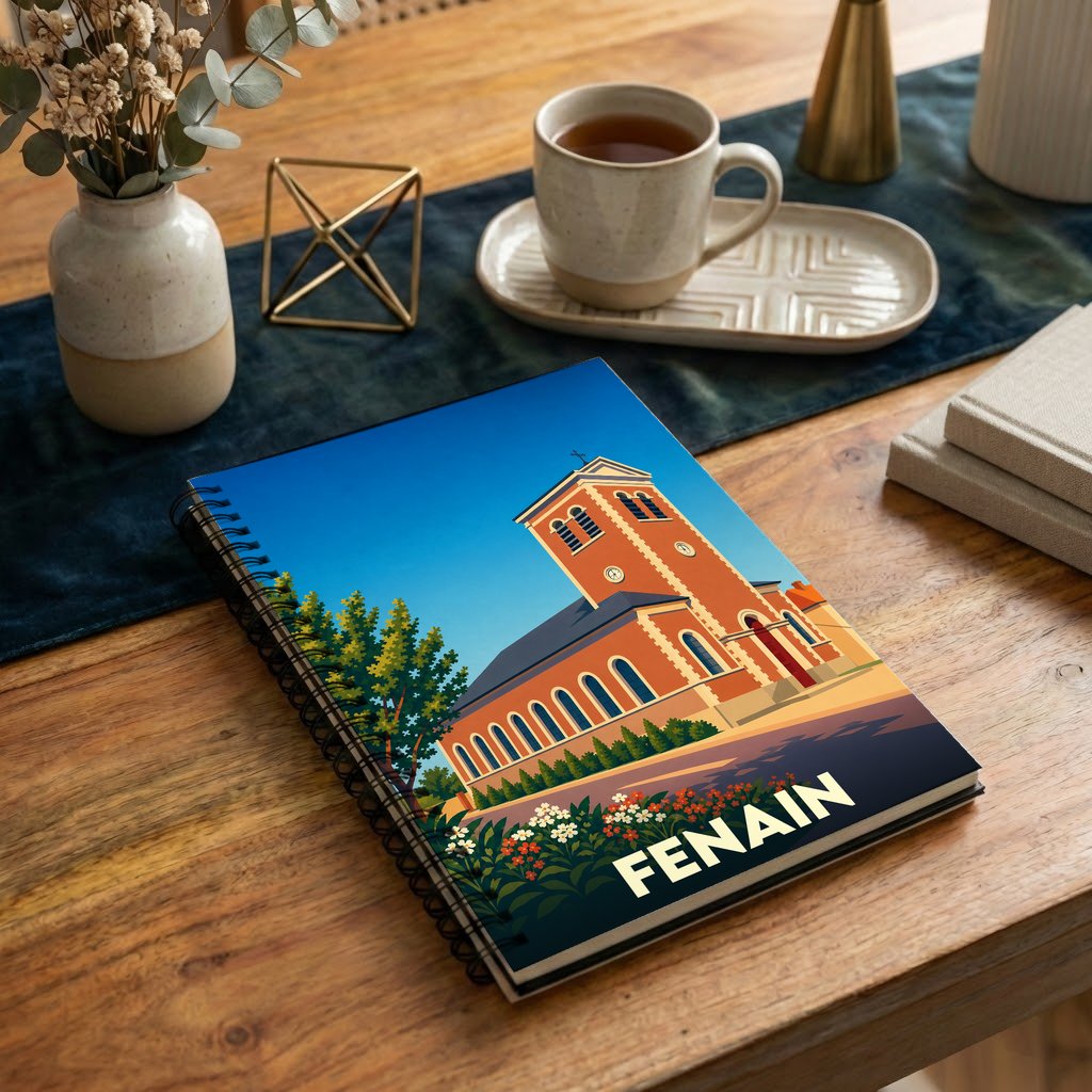 Carnet souvenir de la ville de Fenain avec une illustration stylisée de son église.