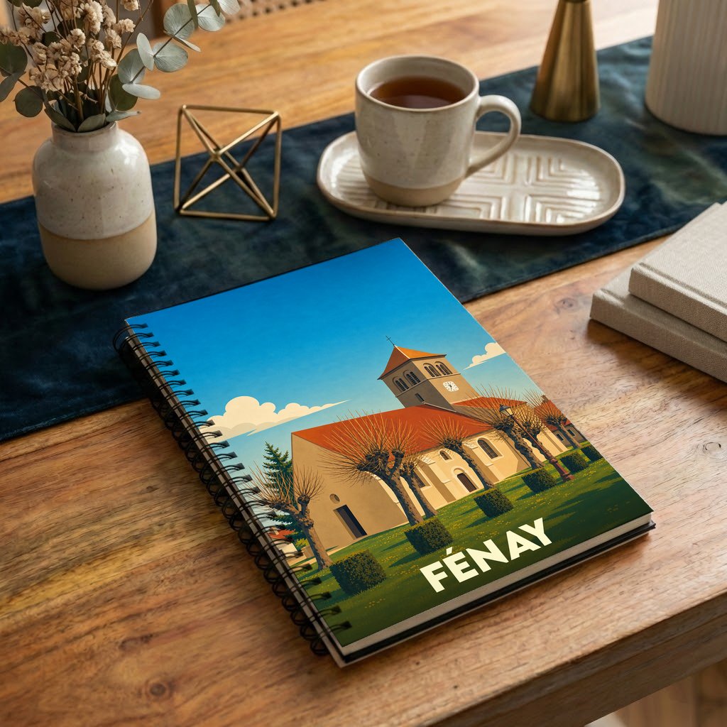 Carnet souvenir de la ville de Fénay avec une illustration stylisée de son église.
