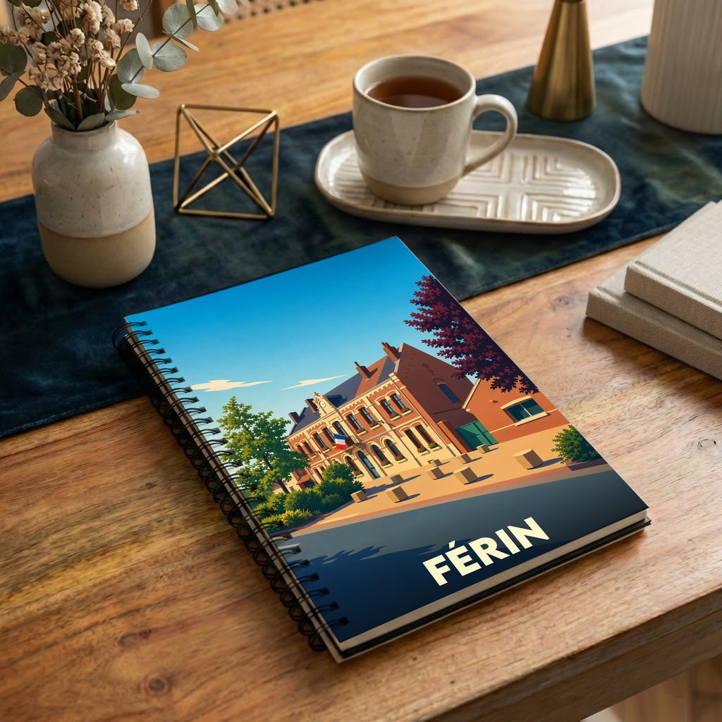 Carnet souvenir de la ville de Férin avec une illustration stylisée d'un bâtiment historique.