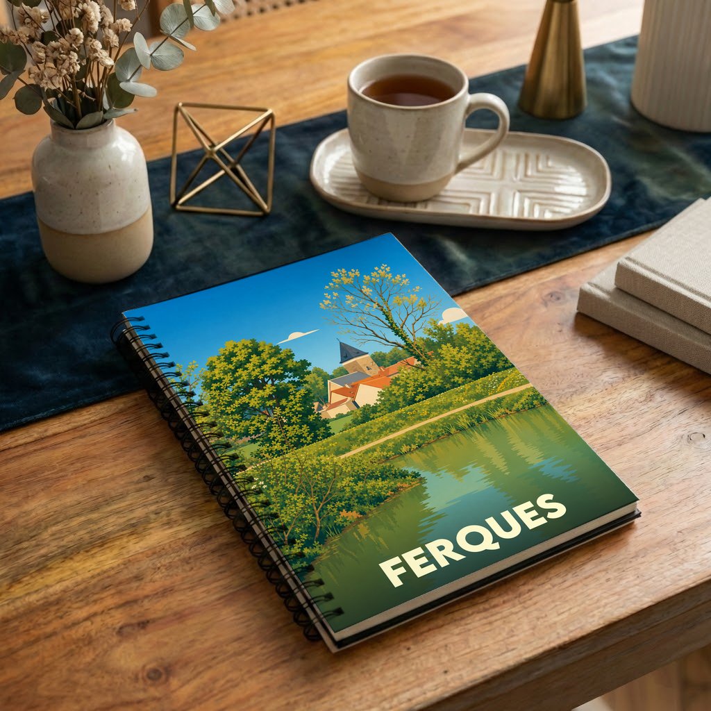 Carnet souvenir de la ville de Ferques avec une illustration paysagère stylisée.