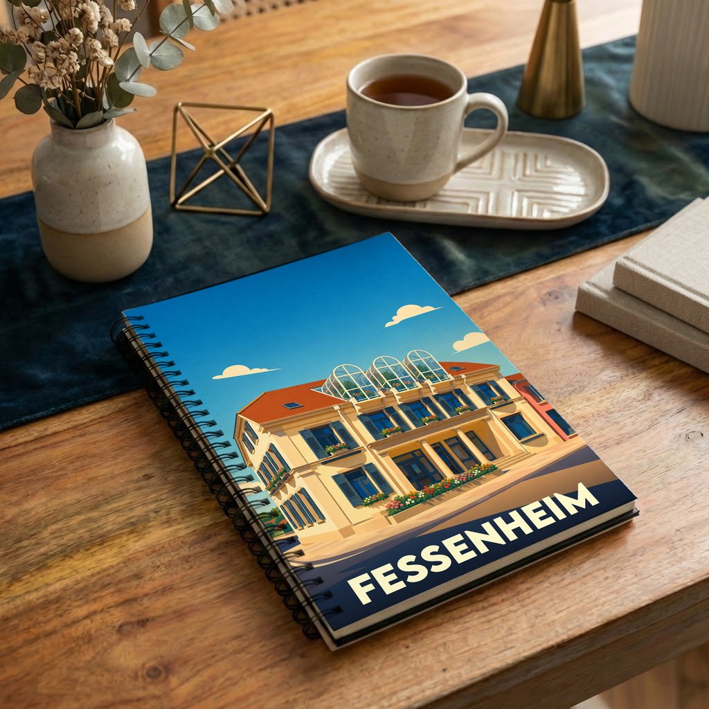 Carnet souvenir de la ville de Fessenheim avec une illustration stylisée de son architecture.