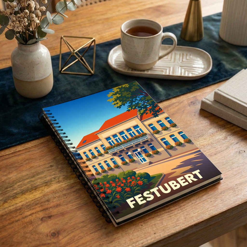 Carnet souvenir de la ville de Festubert avec une illustration stylisée d'un bâtiment fleuri.